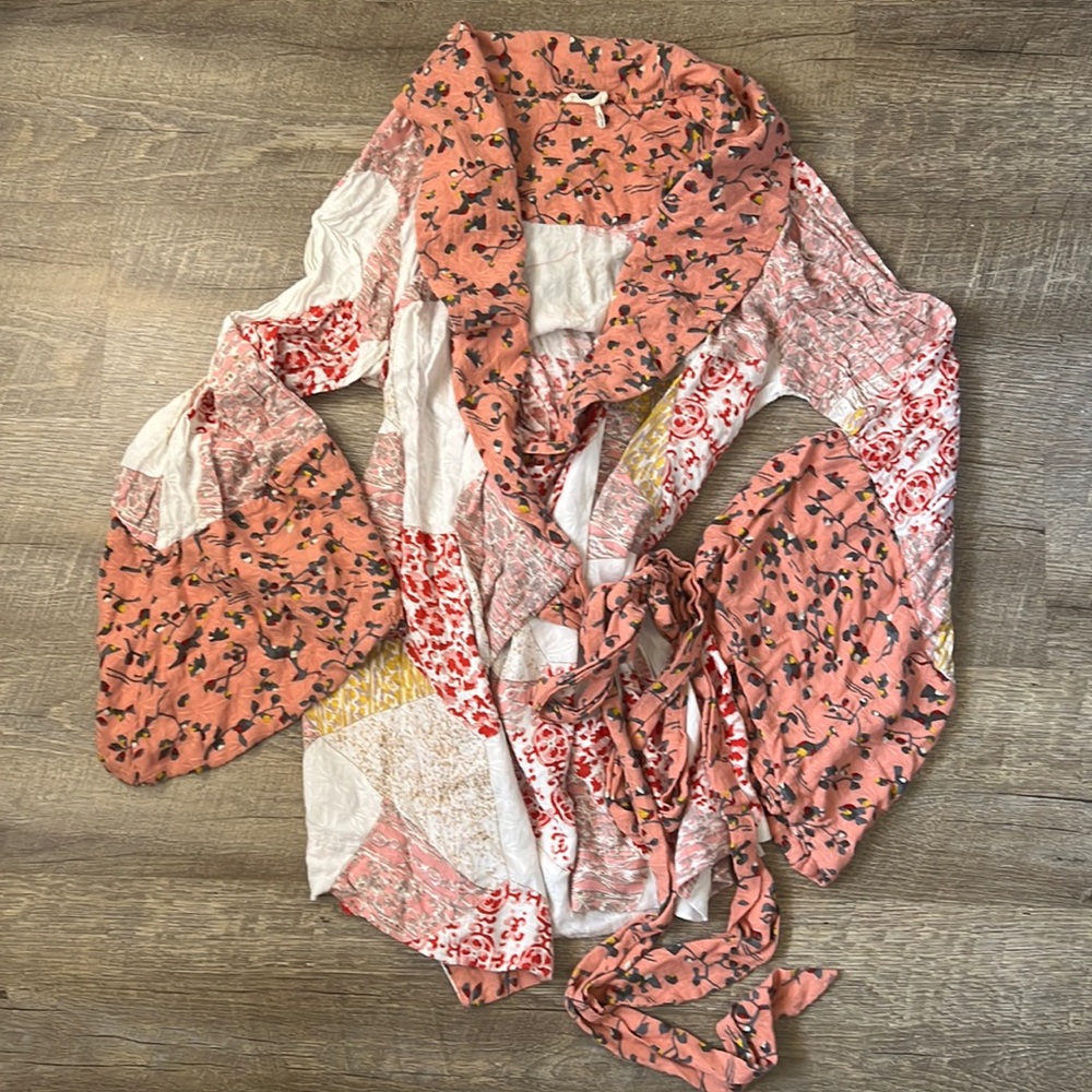 Anthropologie Floreat Patchwork Effie Robe Peach Kimono Sleeve Size Xs/S